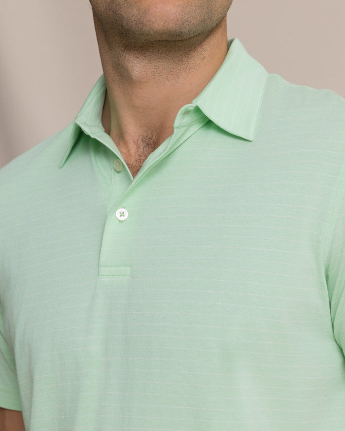 The detail view of the Southern Tide The Seaport Kinston Stripe Polo by Southern Tide - Green Ash