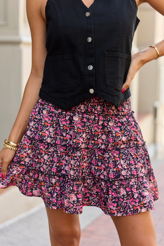 Through The Garden Black & Pink Floral Mini Skort