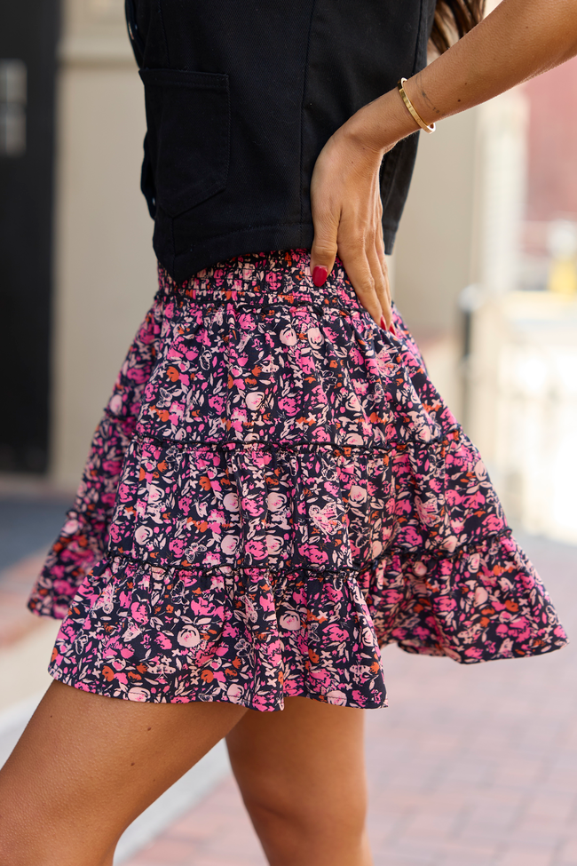 Through The Garden Black & Pink Floral Mini Skort
