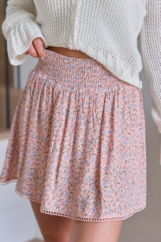 Through The Garden Pink Multi Floral Eyelet Trim Mini Skort FINAL SALE