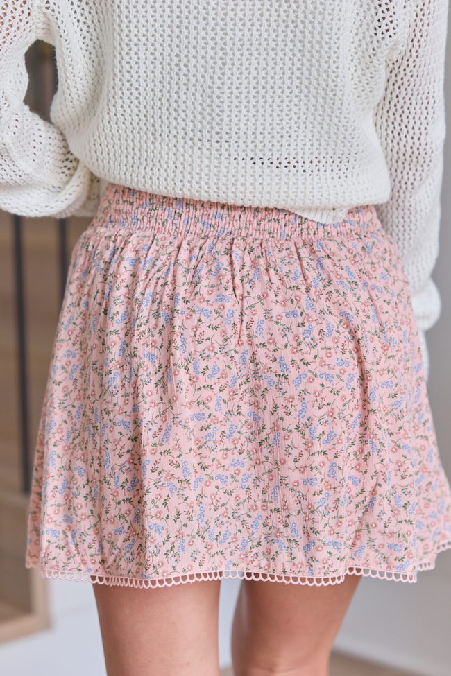 Through The Garden Pink Multi Floral Eyelet Trim Mini Skort FINAL SALE