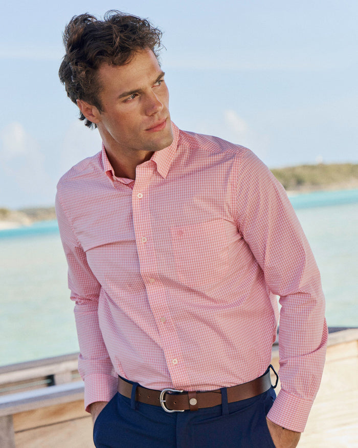 The lifestyle view of the Southern Tide Tidal Pool Charleston Sport Shirt by Southern Tide - Peaches N' Cream