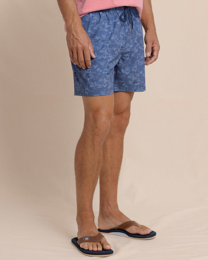 The side view of the Southern Tide Tide To The Shore Swim Trunk by Southern Tide - Light Indigo