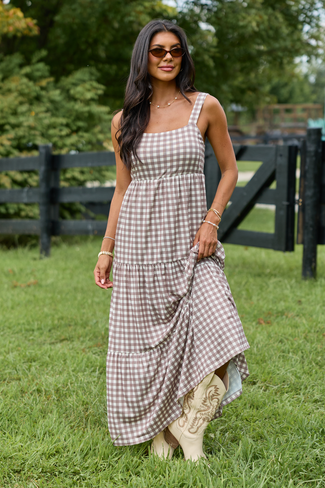 Time For Something Gingham Knit Maxi Dress Taupe