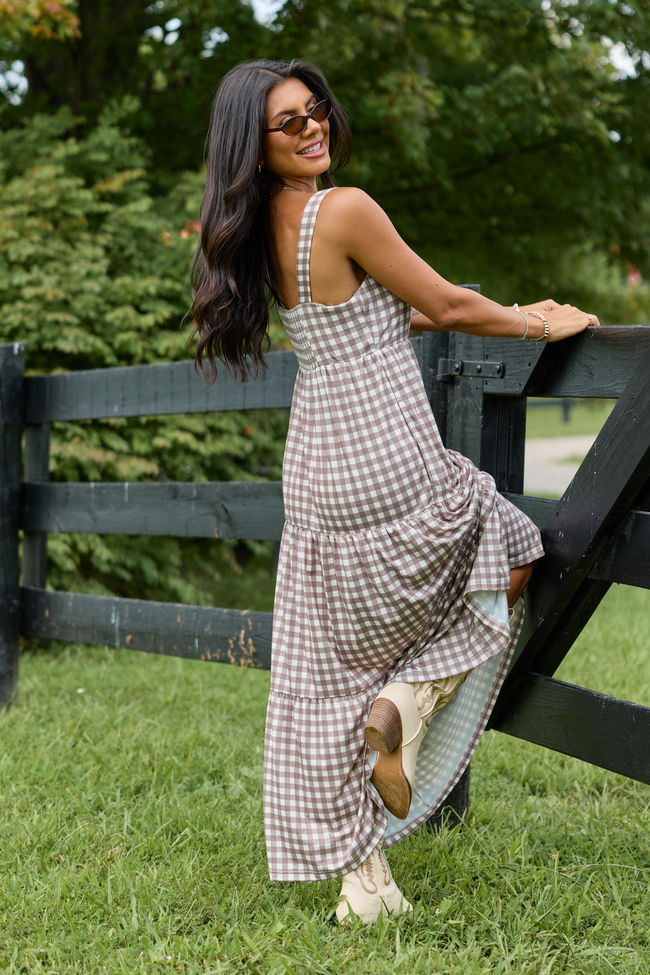 Time For Something Gingham Knit Maxi Dress Taupe