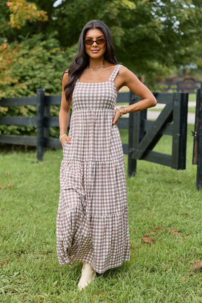 Time For Something Gingham Knit Maxi Dress Taupe
