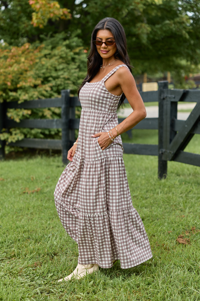 Time For Something Gingham Knit Maxi Dress Taupe