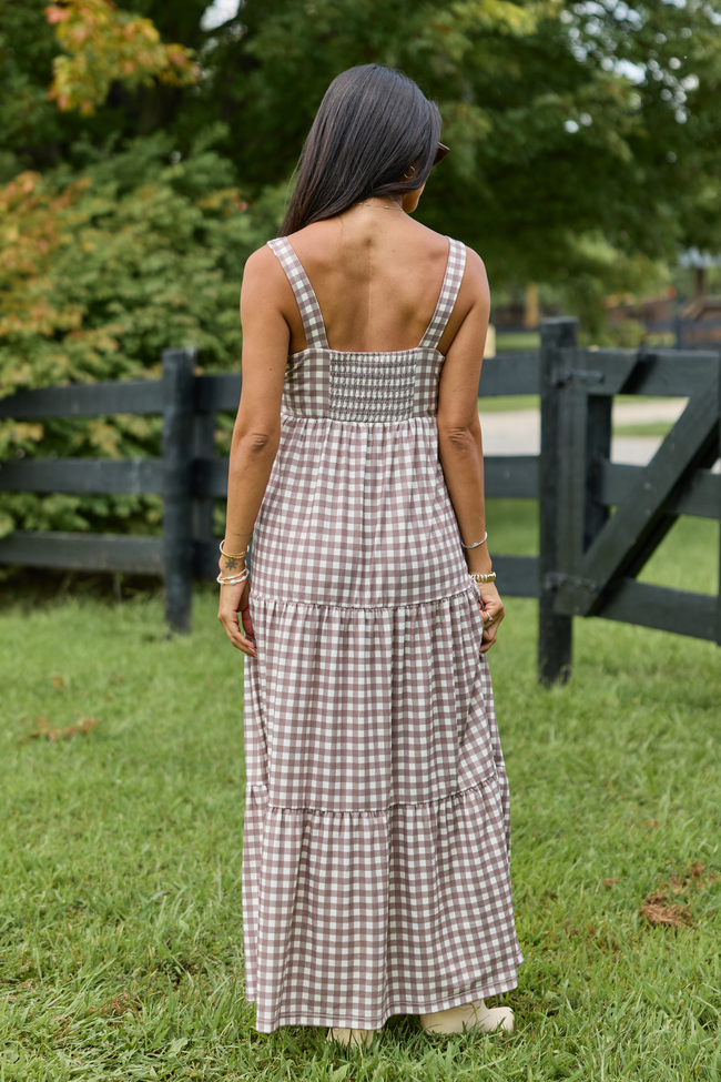 Time For Something Gingham Knit Maxi Dress Taupe