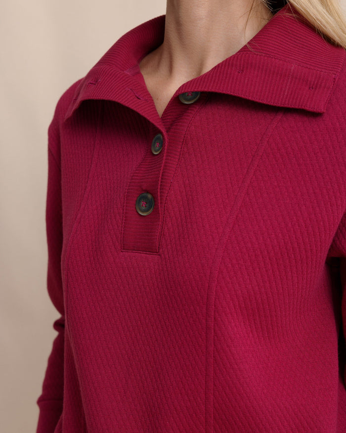 The detail view of the Southern Tide Tonya Button Mock Pullover by Southern Tide - Carolina Plum