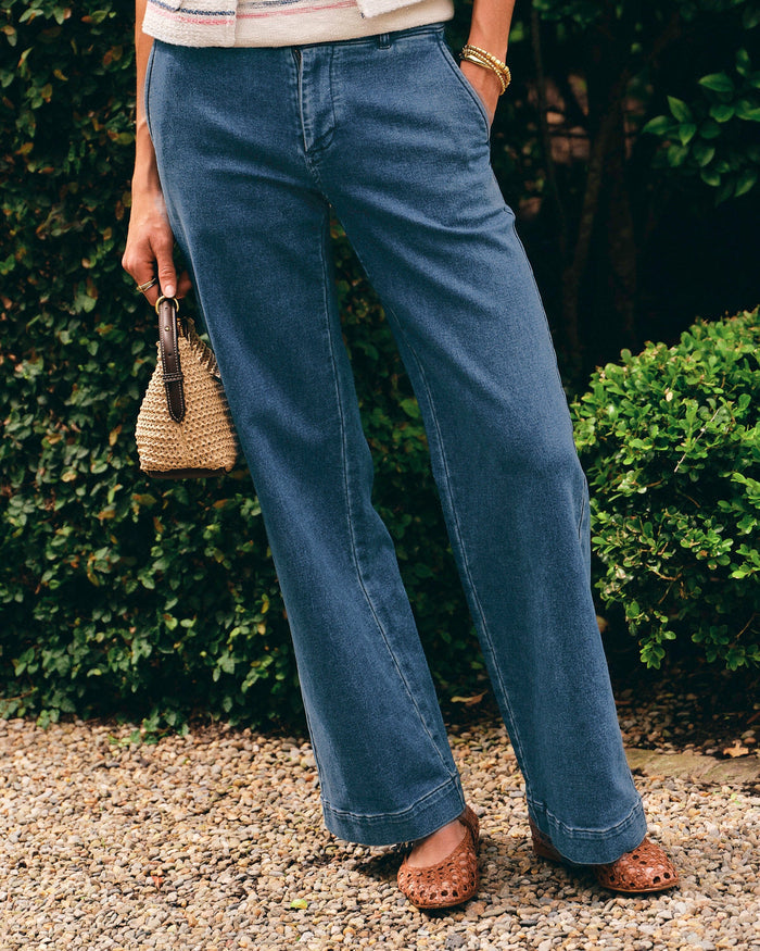 The lifestyle view of the Southern Tide Tori Denim Wide Leg Chino Pant by Southern Tide - Indigo