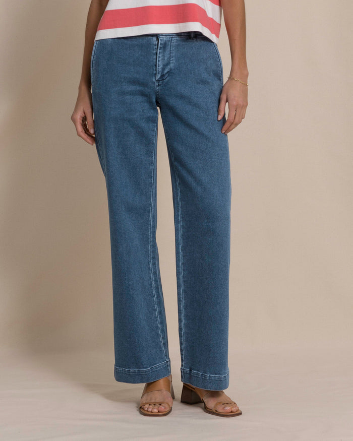 The front view of the Southern Tide Tori Denim Wide Leg Chino Pant by Southern Tide - Indigo