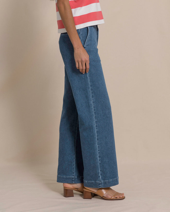 The side view of the Southern Tide Tori Denim Wide Leg Chino Pant by Southern Tide - Indigo