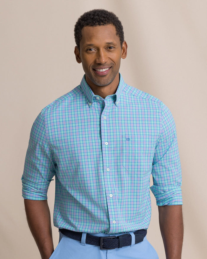 The front view of the Southern Tide Tortuga Plaid Coastal Breeze® Sport Shirt by Southern Tide - Florida Keys