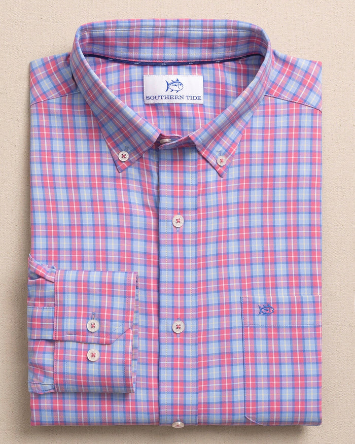 The front view of the Southern Tide Tortuga Plaid Coastal Breeze® Sport Shirt by Southern Tide - Island Pink