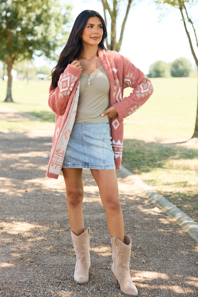 Traci Boucle Coral Southwestern Print Cardigan