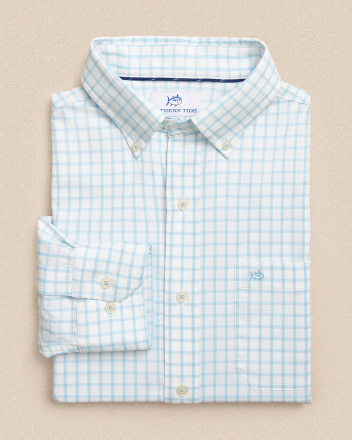 The front view of the Southern Tide Tradewind Tattersall Coastal Breeze® Sport Shirt by Southern Tide - Tropical Breeze Blue