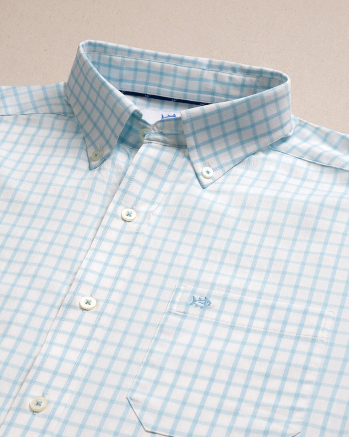 The detail view of the Southern Tide Tradewind Tattersall Coastal Breeze® Sport Shirt by Southern Tide - Tropical Breeze Blue
