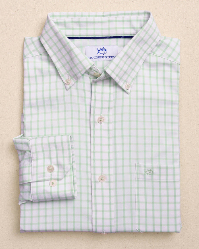 The front view of the Southern Tide Tradewind Tattersall Coastal Breeze® Sport Shirt by Southern Tide - Green Ash