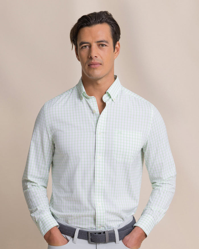 The front view of the Southern Tide Tradewind Tattersall Coastal Breeze® Sport Shirt by Southern Tide - Green Ash