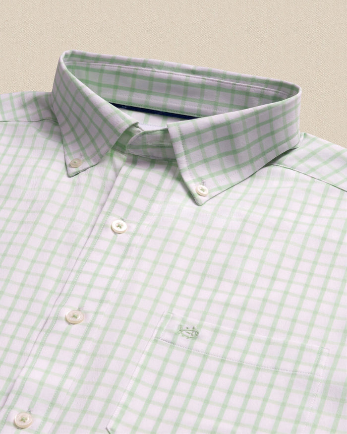 The detail view of the Southern Tide Tradewind Tattersall Coastal Breeze® Sport Shirt by Southern Tide - Green Ash