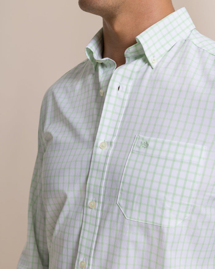 The detail view of the Southern Tide Tradewind Tattersall Coastal Breeze® Sport Shirt by Southern Tide - Green Ash