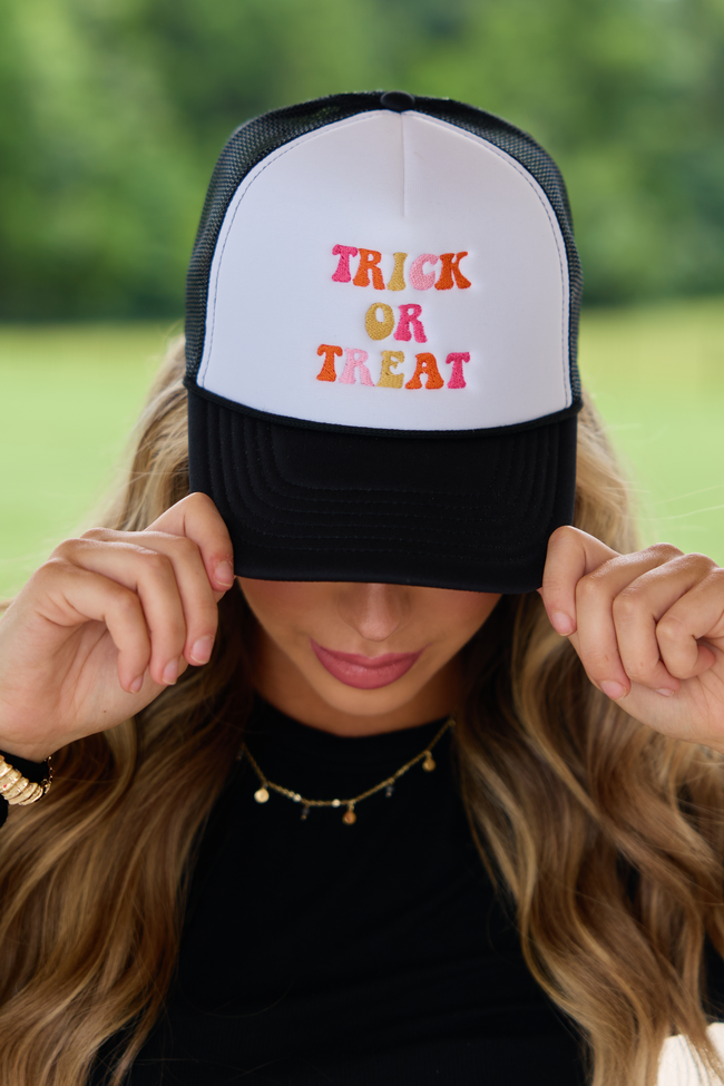 Trick Or Treat White/Black Embroidered Trucker Hat