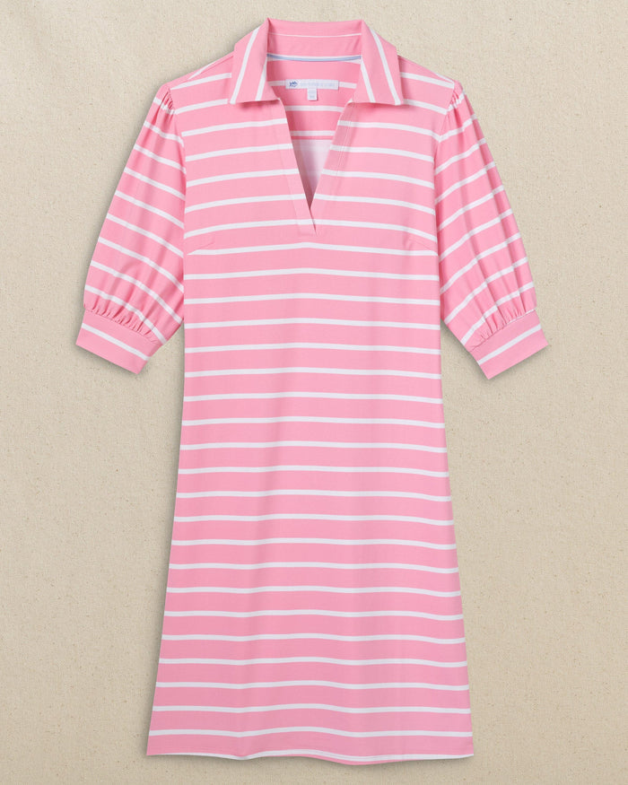 The front view of the Southern Tide Trina Striped Performance Dress by Southern Tide - Prism Pink