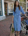 The lifestyle view of the Southern Tide Trista Striped Midi Shirt Dress by Southern Tide - Ocean Channel