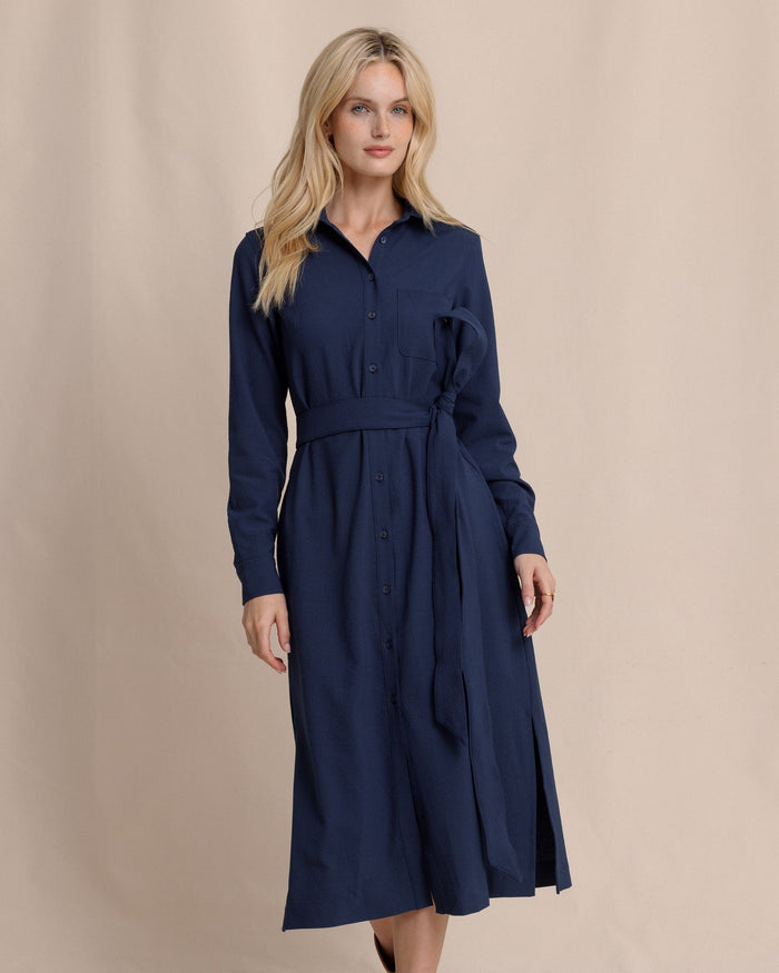 The front view of the Southern Tide Trista Textured Midi Shirt Dress by Southern Tide - Dress Blue