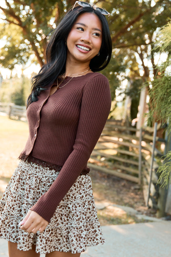 True To You Brown Ribbed Cardigan