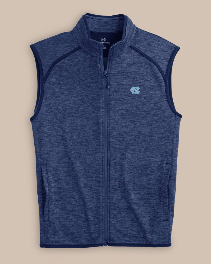 The front view of the Southern Tide UNC Tar Heels Baybrook Heather Vest by Southern Tide - Heather Navy