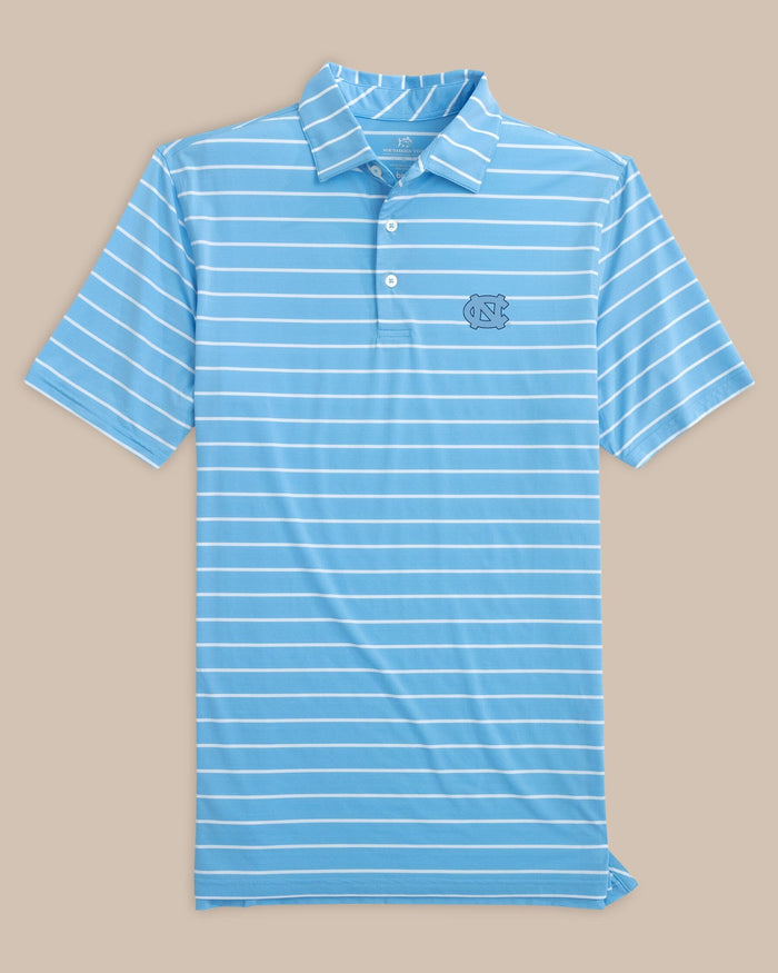 The front view of the UNC Tar Heels brrr°®-eeze Desmond Stripe Polo by Southern Tide - Rush Blue