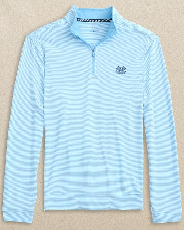 The front view of the UNC Tar Heels Cruiser Micro-Stripe Heather Quarter Zip by Southern Tide - Heather Rush Blue
