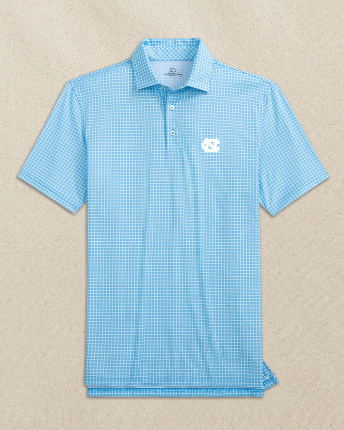 The front view of the Southern Tide UNC Tar Heels Driver Dunes Edge Plaid Polo by Southern Tide - Rush Blue