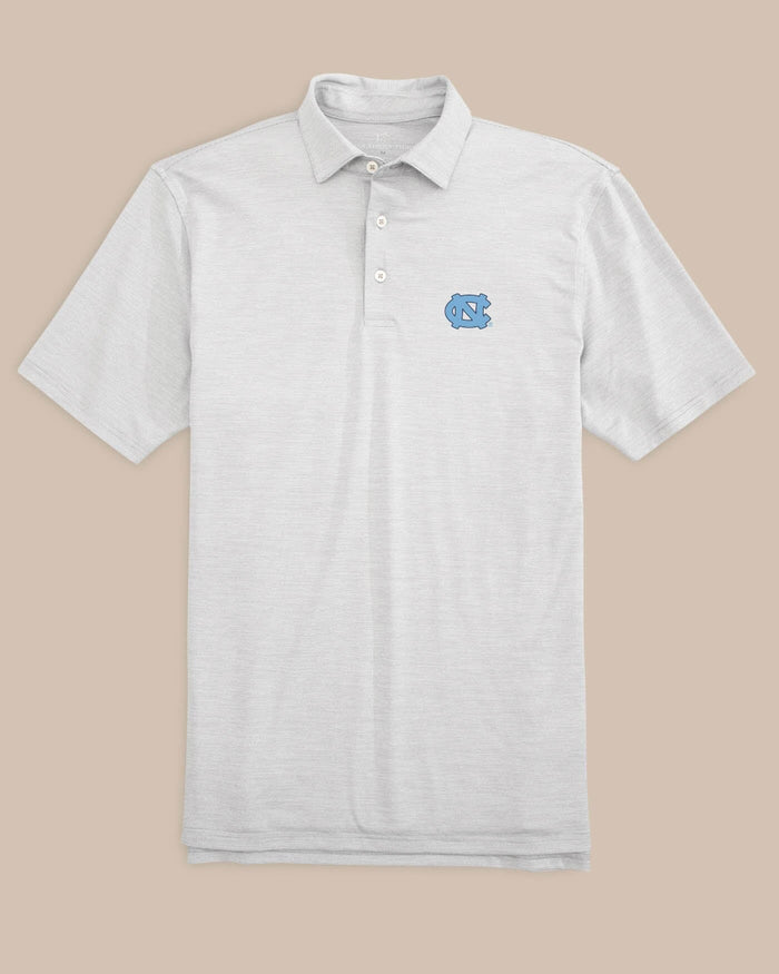 The front of the UNC Tar Heels Driver Spacedye Performance Polo Shirt by Southern Tide - Slate Grey