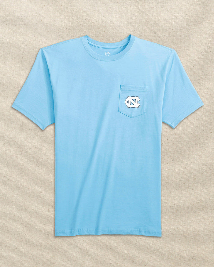 The front view of the Southern Tide UNC Tar Heels Skipjack Play Short Sleeve T-Shirt by Southern Tide - Rush Blue and Navy