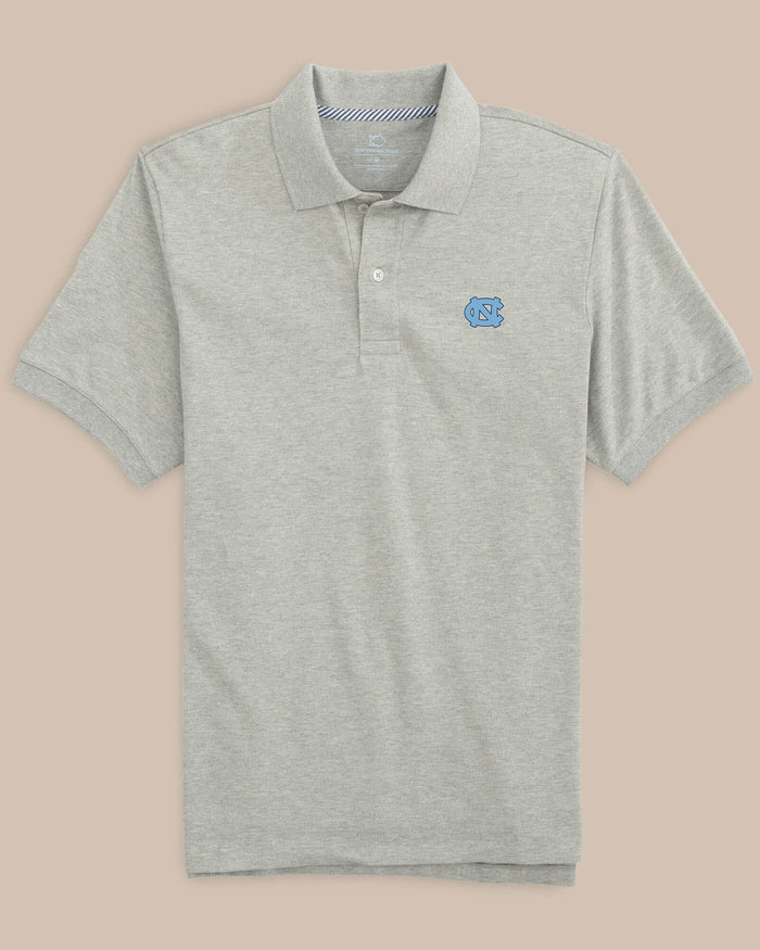 The front view of the UNC Tar Heels Skipjack Polo Shirt in Heather Grey by Southern Tide - Heather Grey