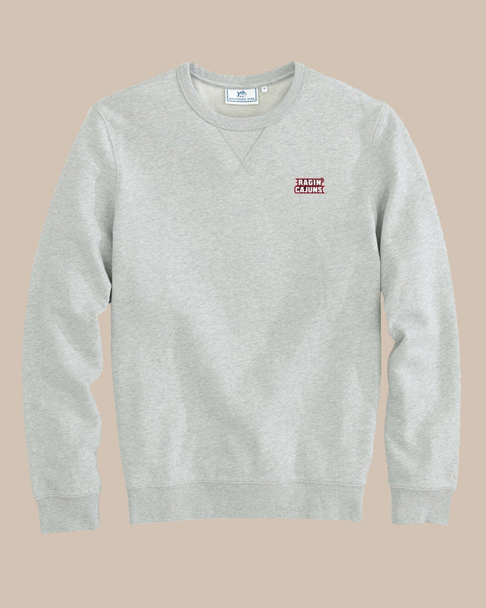 The front view of the University of Louisiana-Lafayette Upper Deck Pullover Sweatshirt by Southern Tide - Heather Slate Grey