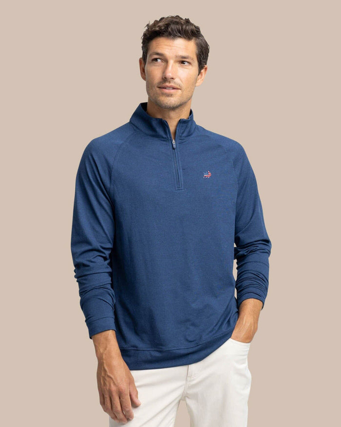The front view of the Southern Tide USA Flag Skipjack Cruiser Heather Quarter Zip by Southern Tide - Heather Dress Blue