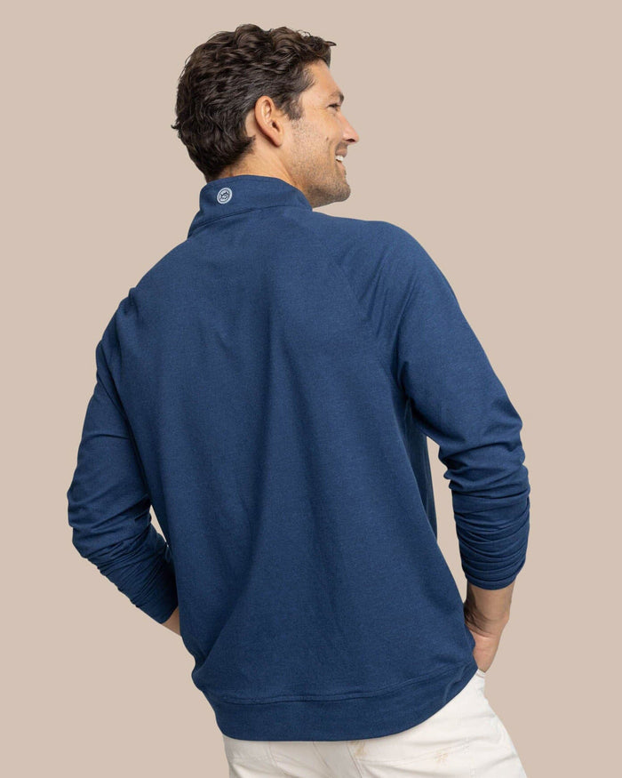 The back view of the Southern Tide USA Flag Skipjack Cruiser Heather Quarter Zip by Southern Tide - Heather Dress Blue