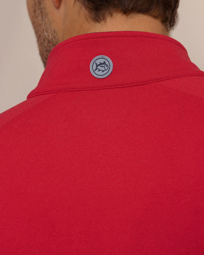 The detail view of the Southern Tide USA Flag Skipjack Cruiser Heather Quarter Zip by Southern Tide - Heather Crab Red