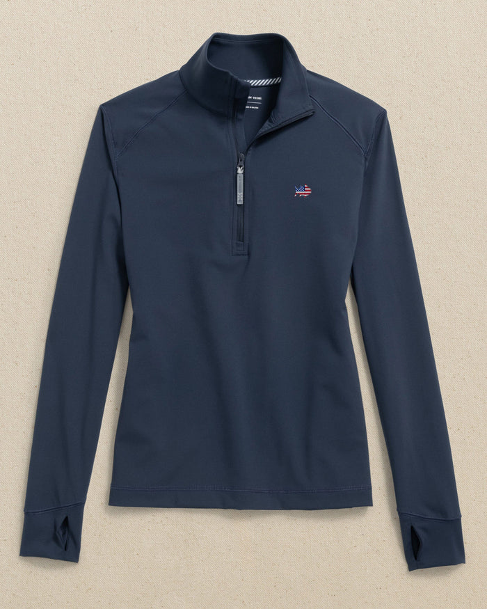 The front view of the Southern Tide USA Flag Skipjack Runaround Quarter Zip by Southern Tide - Dress Blue