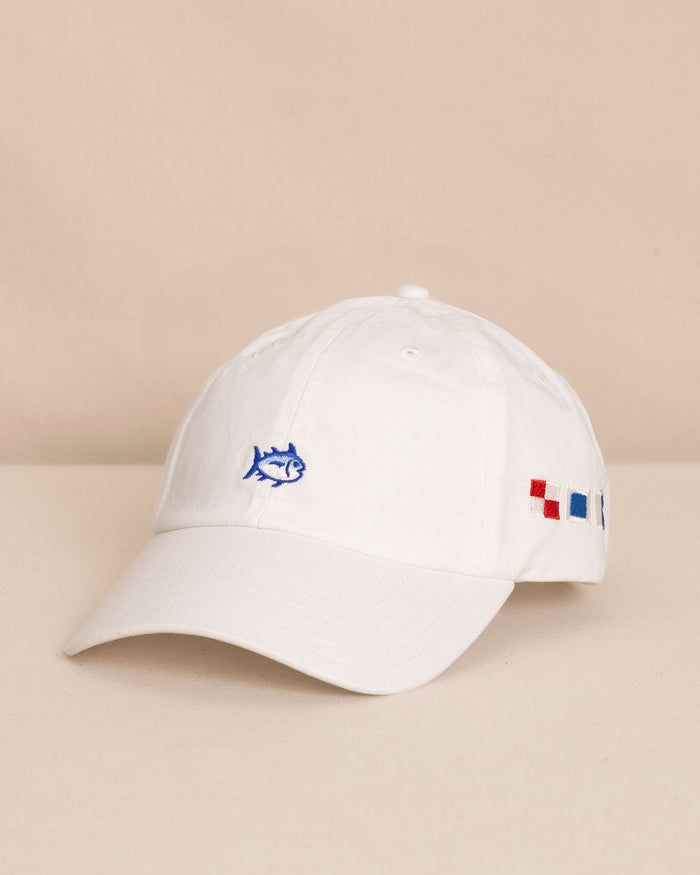 The front view of the Southern Tide USA Nautical Flags Skipjack Hat by Southern Tide - White