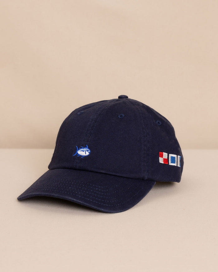 The front view of the Southern Tide USA Nautical Flags Skipjack Hat by Southern Tide - Navy