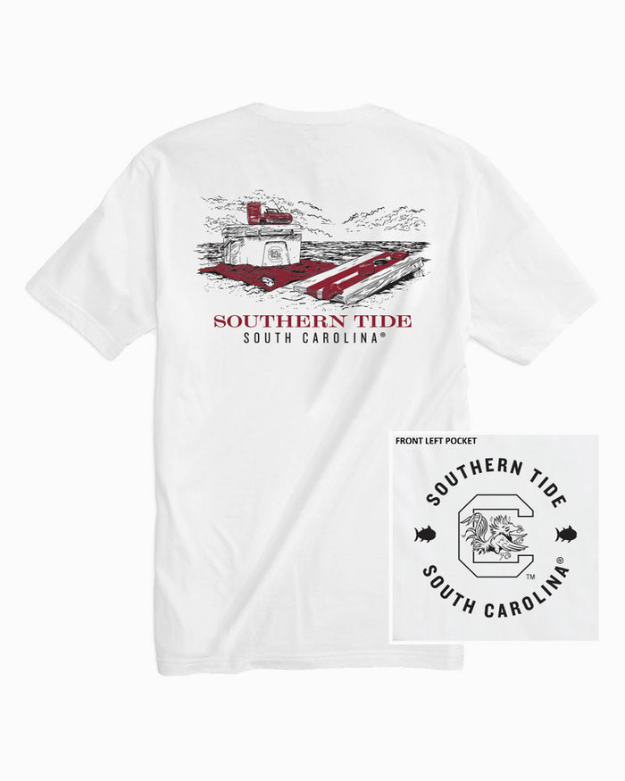 The front of the Men's USC Gamecocks Beach Cornhole T-Shirt by Southern Tide - Classic White
