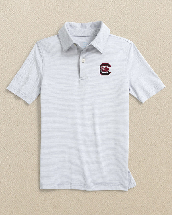 The front view of the Southern Tide USC Gamecocks Boys Driver Spacedye Polo Shirt by Southern Tide - Slate Grey