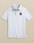 The front view of the Southern Tide USC Gamecocks Boys Driver Spacedye Polo Shirt by Southern Tide - Slate Grey