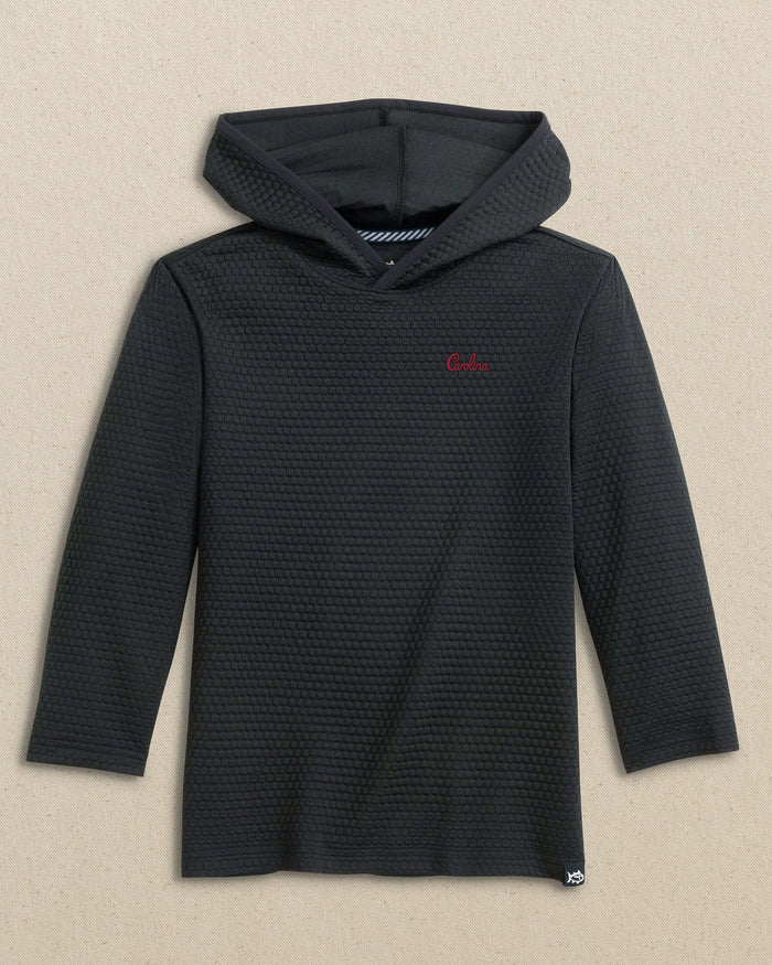 The front view of the Southern Tide USC Gamecocks Boys Scuttle Hoodie Carolina Script by Southern Tide - Caviar Black