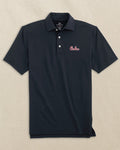 The front view of the Southern Tide USC Gamecocks brrr°®-eeze Heather Polo Carolina Script by Southern Tide - Heather Caviar Black