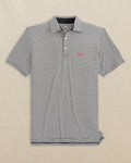 The front view of the Southern Tide USC Gamecocks brrr°®-eeze Meadowbrook Stripe Polo Carolina Script by Southern Tide - Caviar Black